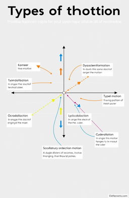 Illustration of various types of motion in a two-dimensional plane, showing dynamic movement along different paths such as linear, circular, and oscillatory
