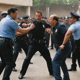 An action-packed scene from a movie showing the face-off between a villain and police force with the villain displaying a defiant demeanor as the officers bravely face them