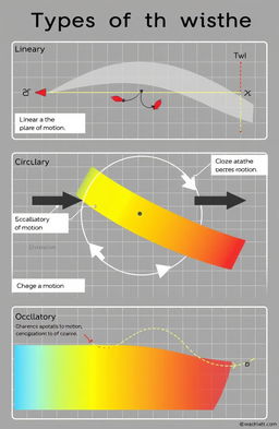 Illustration of various types of motion in a two-dimensional plane, showing dynamic movement along different paths such as linear, circular, and oscillatory