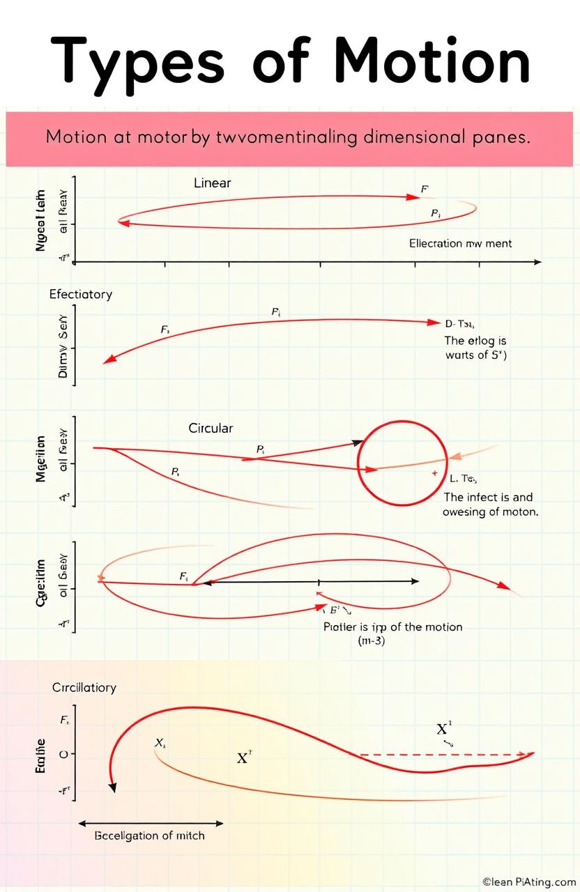 Illustration of various types of motion in a two-dimensional plane, showing dynamic movement along different paths such as linear, circular, and oscillatory