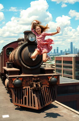 A girl leaping from an old, vintage steam train onto the flat roof of a large, modern building