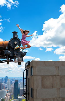 A girl leaping from an old, vintage steam train onto the flat roof of a large, modern building