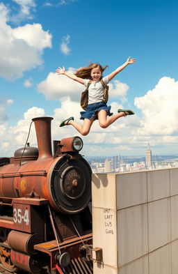 A girl leaping from an old, vintage steam train onto the flat roof of a large, modern building