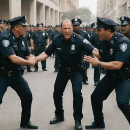 An action-packed scene from a movie showing the face-off between a villain and police force with the villain displaying a defiant demeanor as the officers bravely face them