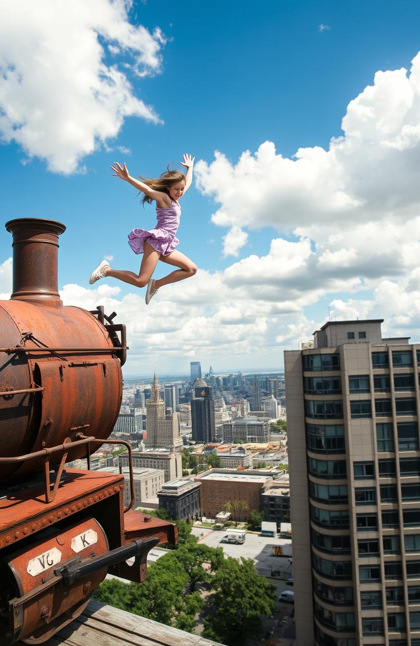 A girl leaping from an old, vintage steam train onto the flat roof of a large, modern building