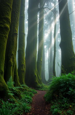 A mystical misty forest scene with tall, ancient trees shrouded in fog, their trunks covered in vibrant green moss