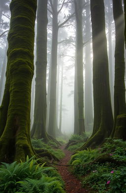 A mystical misty forest scene with tall, ancient trees shrouded in fog, their trunks covered in vibrant green moss