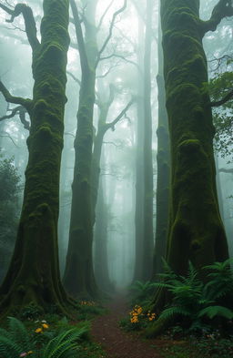 A mystical misty forest scene with tall, ancient trees shrouded in fog, their trunks covered in vibrant green moss