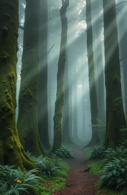 A mystical misty forest scene with tall, ancient trees shrouded in fog, their trunks covered in vibrant green moss