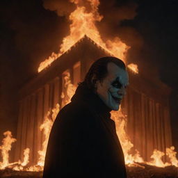 A dramatic movie scene featuring a villain, their sinister grin illuminated by the flames consuming a large building behind them while embers sporadically fly in the night sky