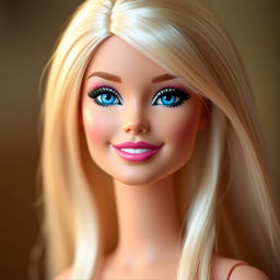 A human representation of a 2010 Barbie doll, showcasing her iconic features and proportions, including long blonde hair, bright blue eyes, and a flawless complexion