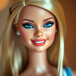 A human representation of a 2010 Barbie doll, showcasing her iconic features and proportions, including long blonde hair, bright blue eyes, and a flawless complexion