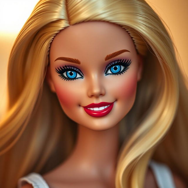 A human representation of a 2010 Barbie doll, showcasing her iconic features and proportions, including long blonde hair, bright blue eyes, and a flawless complexion