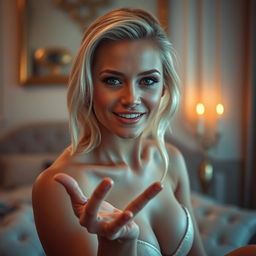 A captivating and intimate scene featuring a beautiful blonde woman playfully engaging with the viewer, exuding confidence and charm