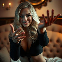 A captivating and intimate scene featuring a beautiful blonde woman playfully engaging with the viewer, exuding confidence and charm