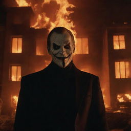 A dramatic movie scene featuring a villain, their sinister grin illuminated by the flames consuming a large building behind them while embers sporadically fly in the night sky