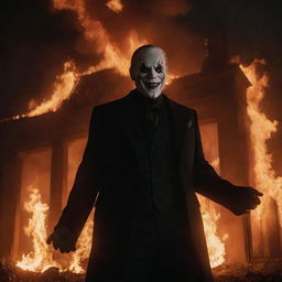 A dramatic movie scene featuring a villain, their sinister grin illuminated by the flames consuming a large building behind them while embers sporadically fly in the night sky