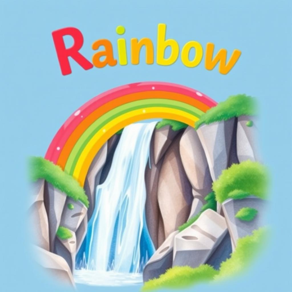 A whimsical, colorful book cover design featuring a vibrant rainbow arching gracefully over a majestic waterfall