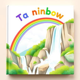 A whimsical, colorful book cover design featuring a vibrant rainbow arching gracefully over a majestic waterfall