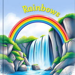 A whimsical, colorful book cover design featuring a vibrant rainbow arching gracefully over a majestic waterfall