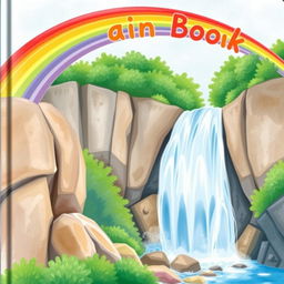 A whimsical, colorful book cover design featuring a vibrant rainbow arching gracefully over a majestic waterfall
