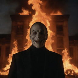 A dramatic movie scene featuring a villain, their sinister grin illuminated by the flames consuming a large building behind them while embers sporadically fly in the night sky