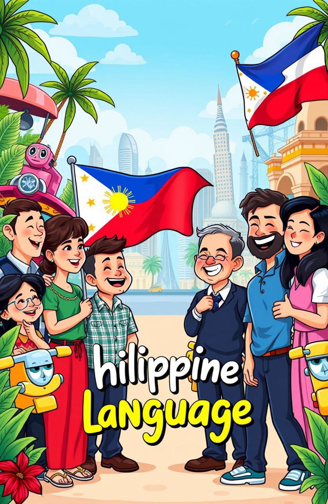 A vibrant and colorful cartoon scene celebrating the Philippine language, featuring playful characters engaging in joyful conversation