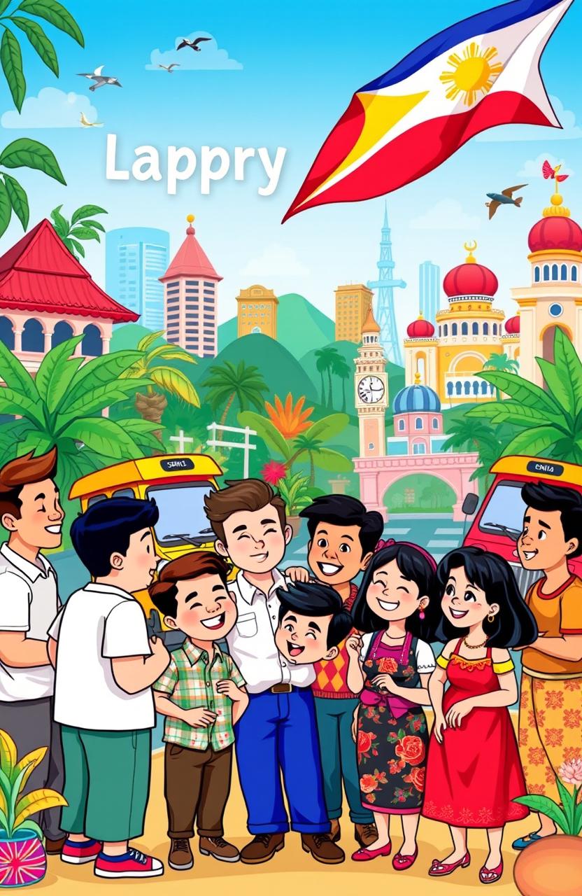 A vibrant and colorful cartoon scene celebrating the Philippine language, featuring playful characters engaging in joyful conversation