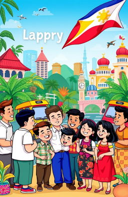 A vibrant and colorful cartoon scene celebrating the Philippine language, featuring playful characters engaging in joyful conversation