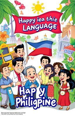 A vibrant and colorful cartoon scene celebrating the Philippine language, featuring playful characters engaging in joyful conversation