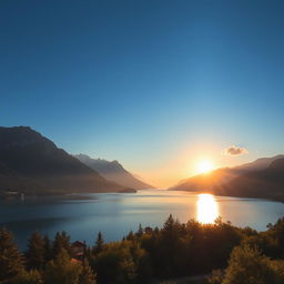 A breathtaking landscape showcasing a serene lake surrounded by majestic mountains under a clear blue sky