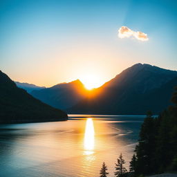 A breathtaking landscape showcasing a serene lake surrounded by majestic mountains under a clear blue sky