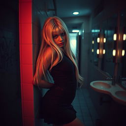 A seductive blonde girl with long flowing hair, wearing a stylishly fitted school uniform, leaning provocatively against the wall of a dimly lit school bathroom