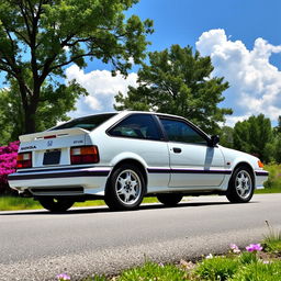 A stunning 1985 Honda Civic EF in a pearlescent white with purple accents, showcasing its classic lines and sporty design