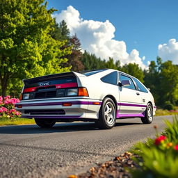 A stunning 1985 Honda Civic EF in a pearlescent white with purple accents, showcasing its classic lines and sporty design