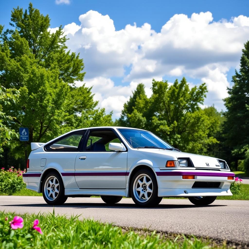 A stunning 1985 Honda Civic EF in a pearlescent white with purple accents, showcasing its classic lines and sporty design