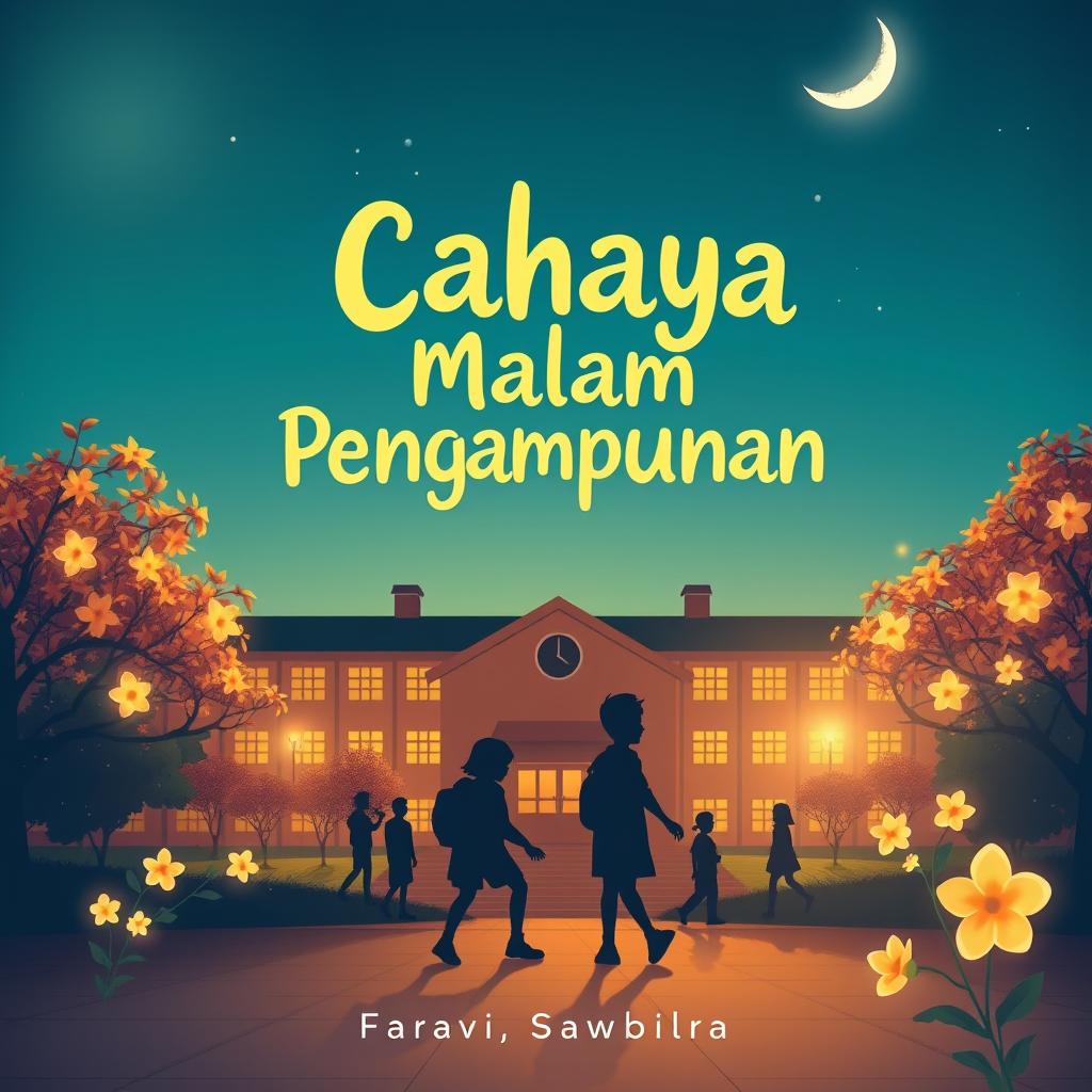 An evocative book cover for 'Cahaya Malam Pengampunan' with a school theme, representing the essence of forgiveness and growth during middle school years