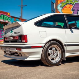 A stunning Honda Civic EF from 1985 in a pristine pearl white color, showcasing its classic lines and distinctive features