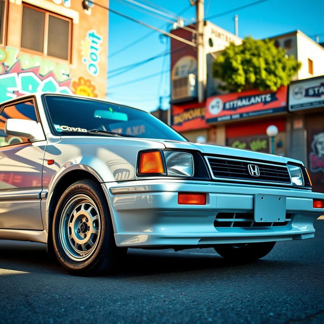 A stunning Honda Civic EF from 1985 in a pristine pearl white color, showcasing its classic lines and distinctive features