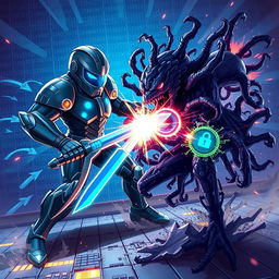 A dynamic digital artwork depicting a vibrant battle between an antivirus program and a computer virus