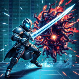 A dynamic digital artwork depicting a vibrant battle between an antivirus program and a computer virus