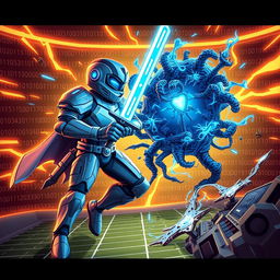 A dynamic digital artwork depicting a vibrant battle between an antivirus program and a computer virus
