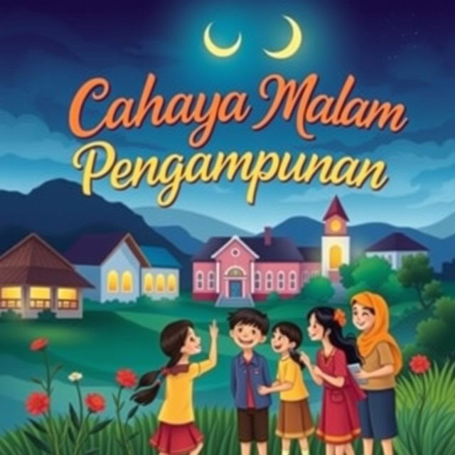 A vibrant book cover for 'Cahaya Malam Pengampunan' with a theme centered around Indonesian middle school life