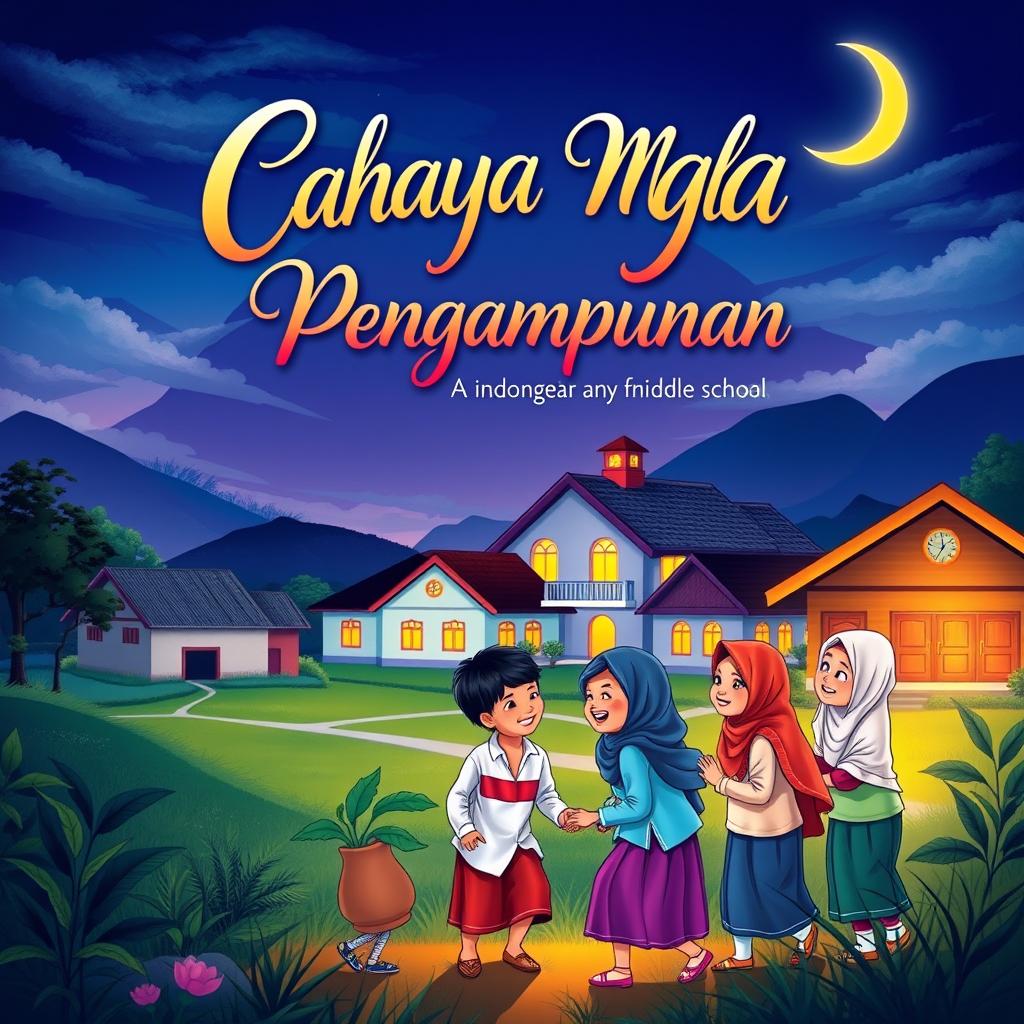 A vibrant book cover for 'Cahaya Malam Pengampunan' with a theme centered around Indonesian middle school life