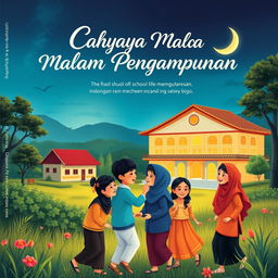 A vibrant book cover for 'Cahaya Malam Pengampunan' with a theme centered around Indonesian middle school life