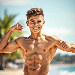 A young muscular boy with a confident posture, showcasing his well-defined muscles in a dynamic pose