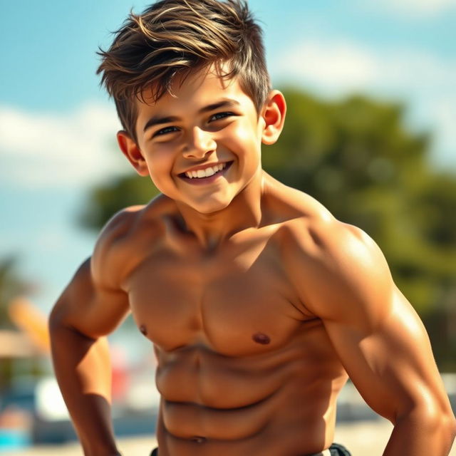 A young muscular boy with a confident posture, showcasing his well-defined muscles in a dynamic pose