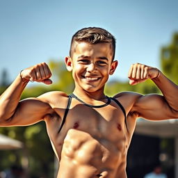 A young muscular boy with a confident posture, showcasing his well-defined muscles in a dynamic pose