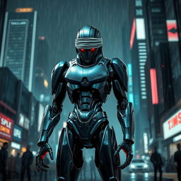 A futuristic killer robot standing menacingly, blindfolded, with a sleek metallic body that reflects light