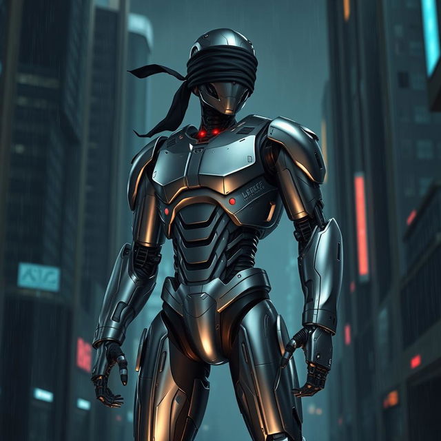 A futuristic killer robot standing menacingly, blindfolded, with a sleek metallic body that reflects light